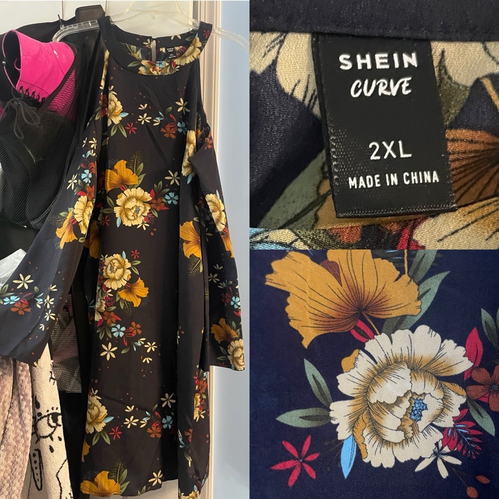 SHEIN Blue Floral Cold Shoulder Dress